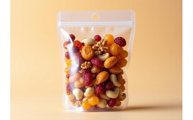 Pelbagai kacang dan buah-buahan kering dalam pek berasingan.