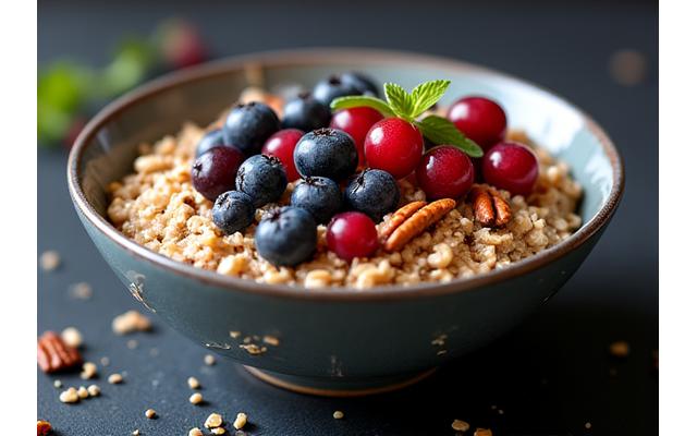 Power Bowl: oatmeal dengan serbuk protein, beri campuran, dan pelbagai jenis kekacang untuk tenaga optimum.