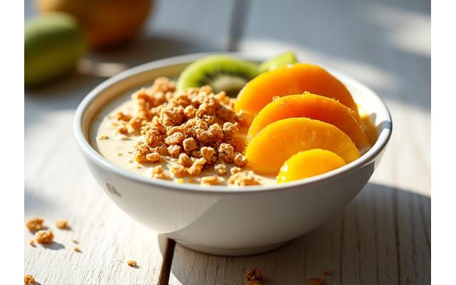 Sunrise Bowl: semangkuk yogurt, granola, madu, dan buah-buahan bermusim yang terang dan segar.