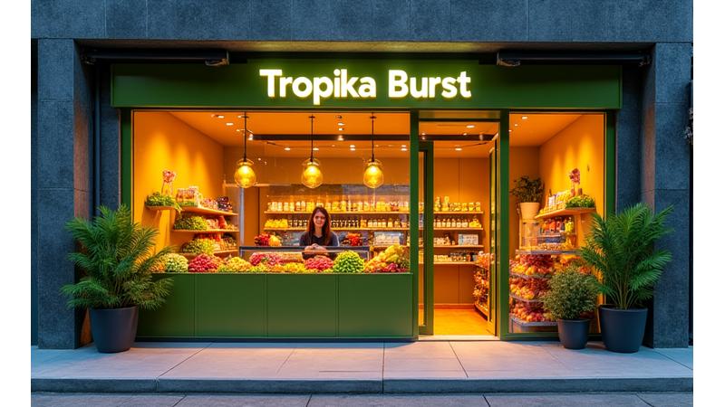 Paparan hadapan kedai Tropika Burst yang ceria dan segar.