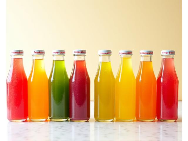 Pelbagai botol jus segar berlainan warna disusun cantik di atas meja kayu.
