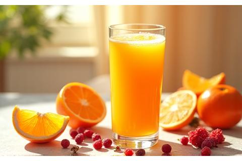 Jus oren cerah dengan buah oren, limau gedang, dan beri.