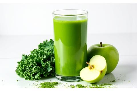 Smoothie hijau 'Green Shield' dengan kale, spirulina, dan epal hijau.