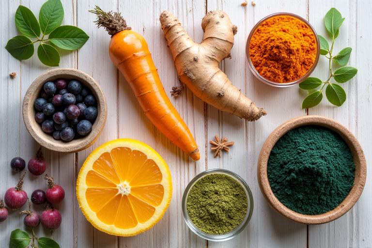 Pelbagai superfood seperti kunyit, halia, elderberry, dan spirulina disusun menarik.