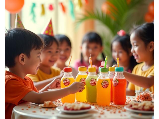 Meja katering dengan jus berwarna-warni di majlis hari jadi kanak-kanak