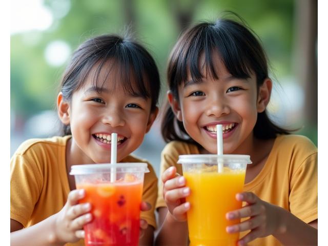 Kanak-kanak gembira minum jus buah-buahan berwarna-warni