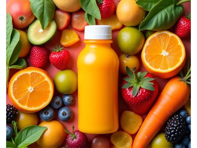 Buah-buahan segar dan sayur-sayuran di sekeliling jus kanak-kanak