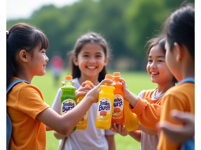 Kanak-kanak minum jus di acara sekolah di padang