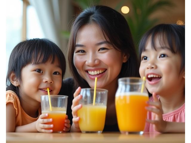 Seorang ibu dengan anak-anak menikmati jus di kedai Tropika Burst