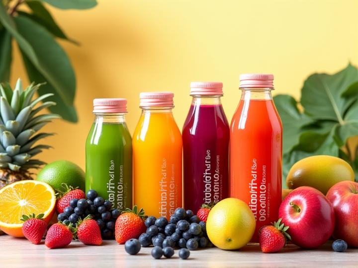 Koleksi jus perahan segar Tropika Burst dengan buah-buahan eksotik dan tempatan yang cerah