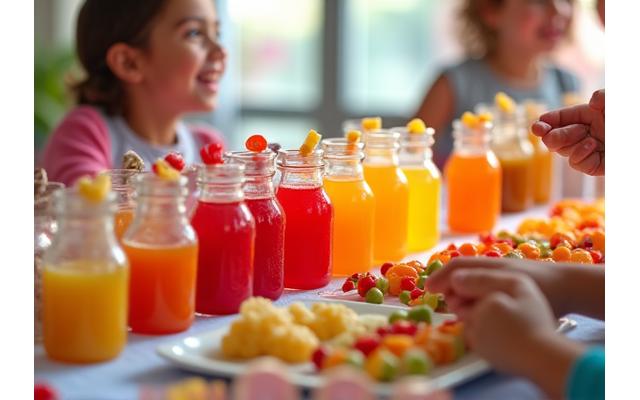 Meja katering berwarna-warni di parti hari jadi kanak-kanak dengan jus mini, buah-buahan dipotong, dan decorasi ceria.