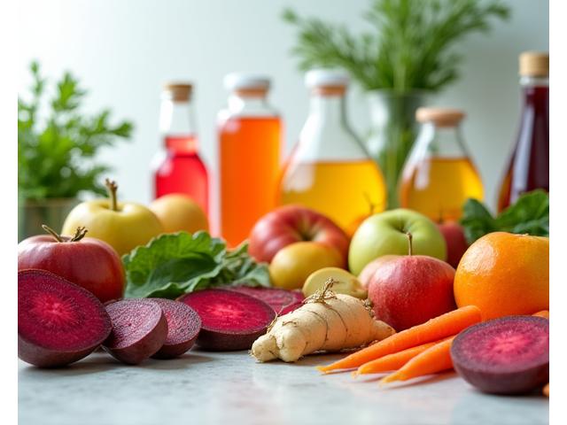 Scientifically arranged colorful fruits and vegetables, like a lab setup, with juice bottles in the background.