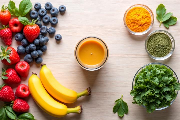 Tiga langkah dalam membina smoothie: memilih buah, sayur, dan protein, menunjukkan pelbagai bahan yang sihat