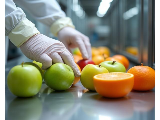 Buah-buahan segar yang disusun kemas di makmal pembuatan jus, menunjukkan proses kawalan kualiti yang ketat.